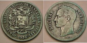 2 Bolivar Venezuela (1811 - ) Silver Simon Bolivar (1783 - 1830)
