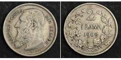 2 Franc Belgio Argento Leopold II (1835 - 1909)