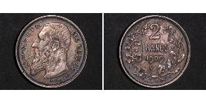 2 Franc Belgio Argento Leopold II (1835 - 1909)