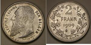 2 Franc Belgio Argento Leopold II (1835 - 1909)