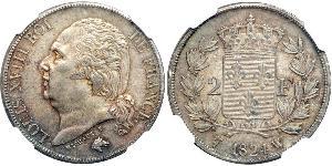 2 Franc Reino de Francia (1815-1830) Plata Luis XVIII de Francia (1755-1824)