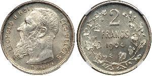 2 Franc Belgien Silber Leopold II (1835 - 1909)