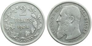 2 Franc Belgien Silber Leopold II (1835 - 1909)