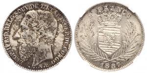 2 Franc Congo Free State (1885 - 1908) Silver Leopold II of Belgium(1835 - 1909)