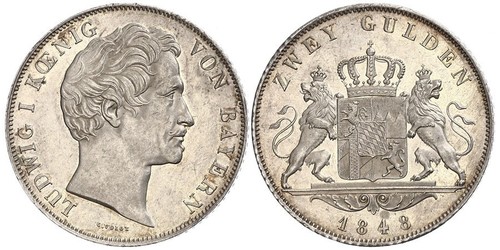 2 Gulden Kingdom of Bavaria (1806 - 1918) Silver Ludwig I of Bavaria (1786 – 1868)