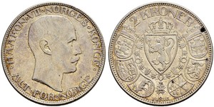 2 Krone Noruega (1905 - ) Plata Haakon VII de Noruega (1872 - 1957)