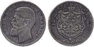 2 Leu Roumanie Argent Charles Ier de Roumanie (1839 - 1914)
