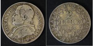 2 Lira Papal States (752-1870) Silver Pope Pius IX (1792- 1878)