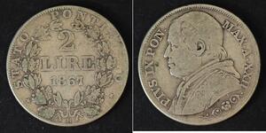 2 Lira Papal States (752-1870) Silver Pope Pius IX (1792- 1878)