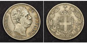 2 Lira 意大利 銀 Umberto I (1844-1900)