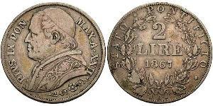 2 Lira 教皇国 (754 - 1870) 銀 Pope Pius IX (1792- 1878)