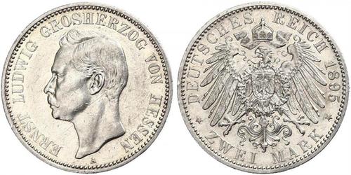 2 Mark Grand-duché de Hesse (1806 - 1918) Argent Ernest-Louis de Hesse (1868 - 1937)