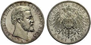 2 Mark Principauté Reuss branche aînée (1778 - 1918) Argent Heinrich XXII (1859 - 1902)