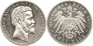 2 Mark Principauté Reuss branche aînée (1778 - 1918) Argent Heinrich XXII (1859 - 1902)