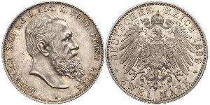 2 Mark Principauté Reuss branche aînée (1778 - 1918) Argent Heinrich XXII (1859 - 1902)