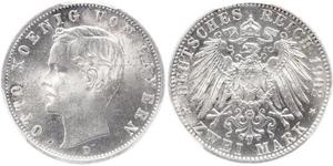 2 Mark Royaume de Bavière (1806 - 1918) Argent Othon Ier de Bavière(1848 – 1916)