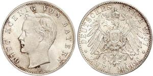 2 Mark Royaume de Bavière (1806 - 1918) Argent Othon Ier de Bavière(1848 – 1916)