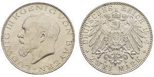 2 Mark Royaume de Bavière (1806 - 1918) Argent Louis III de Bavière (1845 – 1921)