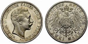 2 Mark Royaume de Prusse (1701-1918) Argent Wilhelm II, German Emperor (1859-1941)