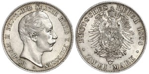 2 Mark Royaume de Prusse (1701-1918) Argent Wilhelm II, German Emperor (1859-1941)