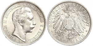2 Mark Royaume de Prusse (1701-1918) Argent Wilhelm II, German Emperor (1859-1941)