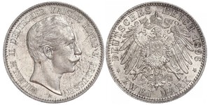 2 Mark Royaume de Prusse (1701-1918) Argent Wilhelm II, German Emperor (1859-1941)