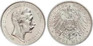 2 Mark Royaume de Prusse (1701-1918) Argent Wilhelm II, German Emperor (1859-1941)