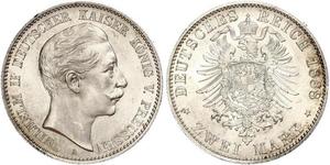 2 Mark Royaume de Prusse (1701-1918) Argent Wilhelm II, German Emperor (1859-1941)