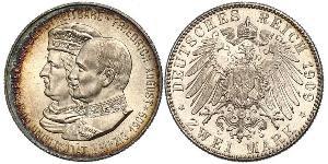 2 Mark Royaume de Saxe (1806 - 1918) Argent Frédéric-Auguste III de Saxe (1865-1932)
