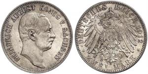 2 Mark Royaume de Saxe (1806 - 1918) Argent Frédéric-Auguste III de Saxe (1865-1932)