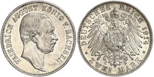 2 Mark Royaume de Saxe (1806 - 1918) Argent Frédéric-Auguste III de Saxe (1865-1932)