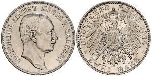 2 Mark Royaume de Saxe (1806 - 1918) Argent Frédéric-Auguste III de Saxe (1865-1932)