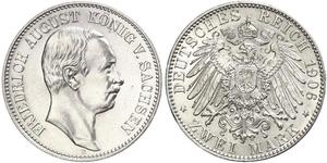 2 Mark Royaume de Saxe (1806 - 1918) Argent Frédéric-Auguste III de Saxe (1865-1932)
