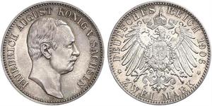 2 Mark Royaume de Saxe (1806 - 1918) Argent Frédéric-Auguste III de Saxe (1865-1932)