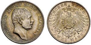 2 Mark Royaume de Saxe (1806 - 1918) Argent Frédéric-Auguste III de Saxe (1865-1932)