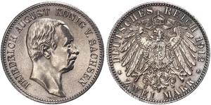 2 Mark Royaume de Saxe (1806 - 1918) Argent Frédéric-Auguste III de Saxe (1865-1932)