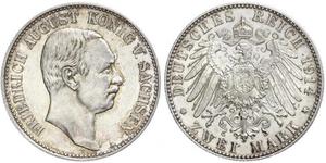 2 Mark Royaume de Saxe (1806 - 1918) Argent Frédéric-Auguste III de Saxe (1865-1932)