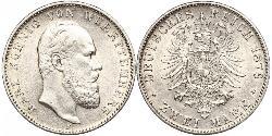 2 Mark Royaume de Wurtemberg (1806-1918) Argent Charles Ier de Wurtemberg