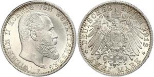 2 Mark Royaume de Wurtemberg (1806-1918) Argent Wilhelm II, German Emperor (1859-1941)