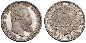 2 Mark Royaume de Wurtemberg (1806-1918) Argent Wilhelm II, German Emperor (1859-1941)
