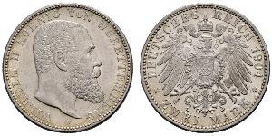 2 Mark Royaume de Wurtemberg (1806-1918) Argent Wilhelm II, German Emperor (1859-1941)