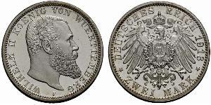 2 Mark Royaume de Wurtemberg (1806-1918) Argent Wilhelm II, German Emperor (1859-1941)