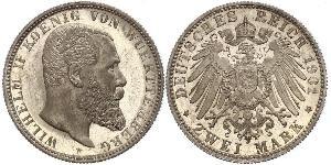 2 Mark Royaume de Wurtemberg (1806-1918) Argent Wilhelm II, German Emperor (1859-1941)