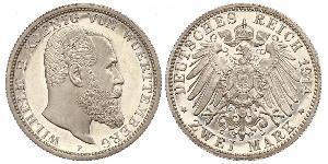 2 Mark Royaume de Wurtemberg (1806-1918) Argent Wilhelm II, German Emperor (1859-1941)