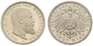 2 Mark Royaume de Wurtemberg (1806-1918) Argent Wilhelm II, German Emperor (1859-1941)