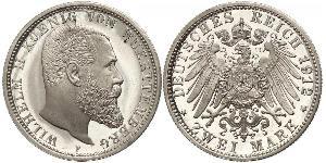 2 Mark Royaume de Wurtemberg (1806-1918) Argent Wilhelm II, German Emperor (1859-1941)