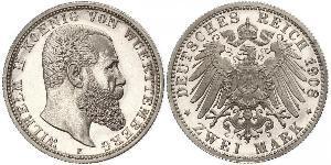 2 Mark Royaume de Wurtemberg (1806-1918) Argent Wilhelm II, German Emperor (1859-1941)