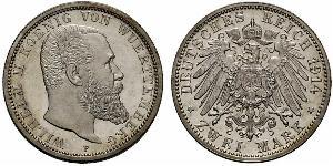 2 Mark Royaume de Wurtemberg (1806-1918) Argent Wilhelm II, German Emperor (1859-1941)