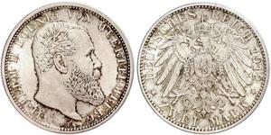 2 Mark Royaume de Wurtemberg (1806-1918) Argent Wilhelm II, German Emperor (1859-1941)