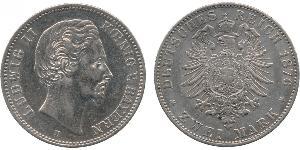 2 Mark Regno di Baviera (1806 - 1918) Argento Ludovico II di Baviera(1845 – 1886)